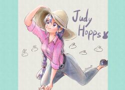  1girl adjusting_clothes adjusting_headwear all_fours arm_up artist_name belt black_shoes blue_border border braid braided_twintails breasts brown_hat character_name closed_mouth collared_shirt commentary_request grey_background grey_pants happy hat highres humanization judy_hopps letterboxed long_hair looking_up meme_(penpengusa_no_meme) pants pink_shirt plaid_clothes plaid_shirt purple_hair shirt shirt_tucked_in shoes sidelocks signature simple_background sleeves_rolled_up small_breasts smile solo sun_hat twintails violet_eyes zootopia 