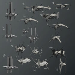  absurdres arrow_(symbol) caldari_state_(eve_online) commentary electronic_warfare_ship_(eve_online) english_commentary english_text eve_online frigate_(eve_online) grey_background greyscale griffin_(eve_online) highres kwibl lai_dai_corporation_(eve_online) military_vehicle monochrome no_humans redesign science_fiction spacecraft spot_color variations 