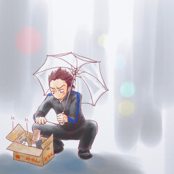  1boy black_cat black_jumpsuit black_shoes box brown_cat cardboard_box cat devil_survivor_(series) devil_survivor_1 for_adoption holding holding_umbrella jumpsuit looking_at_another megami_tensei multiple_cats nikaidou_tadashi red_eyes red_hair shoes short_hair spiky_hair squatting suzukake umbrella 