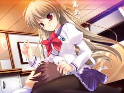  1boy 1girl back_ribbon black_pantyhose bow bowtie brown_eyes brown_hair buttons ceiling chandelier chest_of_drawers closed_mouth collarbone curtains double-breasted dutch_angle emblem faceless faceless_male floating_hair game_asset grey_hair hand_up highres holding indoors jacket juliet_sleeves lap_pillow lapels licking_lips long_hair long_sleeves looking_at_another lying mikeou mimikaki miniskirt mirror nanairo_kouro nanami_haruka_(nanairo_kouro) night non-web_source on_back open_mouth pantyhose picture_frame pigeon-toed pleated_skirt puffy_sleeves purple_sailor_collar purple_skirt red_bow red_bowtie ribbon sailor_collar school_uniform seiza self-datamine shirt short_hair shoulder_boards sitting skirt sky striped_clothes tongue tongue_out white_jacket white_ribbon white_shirt window 