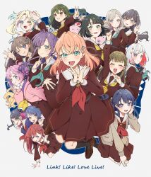  6+girls :3 :d :q ;d ;q ^_^ absurdres ahoge anyoji_hime aqua_eyes aqua_neckerchief black_choker black_gloves black_hair black_shirt black_socks blonde_hair blue_eyes blue_hair blue_ribbon blunt_bangs blunt_ends blush bob_cut braid brown_cardigan brown_dress brown_hair brown_shoes cardigan center-flap_bangs ceras_yanagida_lilienfeld choker closed_eyes closed_mouth colored_inner_hair commentary_request copyright_name double_bun dress everyone flower flower_hands flower_knot fujishima_megumi gloves gradient_hair green_eyes green_hair grey_hair hair_bun hair_flower hair_intakes hair_ornament hair_ribbon hairclip half_gloves half_updo hands_up hasu_no_sora_school_uniform hellomegu! highres hinoshita_kaho hood hood_down hooded_jacket inverted_bob jacket jellyfish_cut kachimachi_kosuzu katsuragi_izumi kinjo_maika kneehighs kyaku_tasu loafers long_hair long_sleeves looking_at_viewer love_live! love_live!_hasu_no_sora_jogakuin_school_idol_club medium_hair mole mole_on_neck momose_ginko multi-tied_hair multicolored_hair multiple_girls murano_sayaka neckerchief ogami_sachi one_eye_closed open_cardigan open_clothes open_jacket open_mouth orange_eyes orange_hair osawa_rurino otomune_kozue own_hands_together parallel_hairclips pink_eyes pink_flower pink_hair pink_jacket pink_ribbon profile purple_cardigan purple_hair rabbit_hair_ornament raised_fist red_hair red_neckerchief red_ribbon red_streaks reisawa_aoi ribbon sailor_collar sailor_dress school_uniform shinowa_mion shirt shoes short_hair side_braids side_ponytail sidelocks signature slit_pupils smile socks star_(symbol) star_hair_ornament straight_hair streaked_hair tongue tongue_out triangle_hair_ornament turtleneck turtleneck_shirt twintails two_side_up undershirt violet_eyes virtual_youtuber white_background white_hair white_sailor_collar winter_uniform yellow_neckerchief yugiri_tsuzuri 