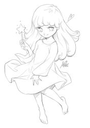  1girl barefoot character_request child dress full_body heart holding holding_wand lineart little_twin_stars long_hair monochrome sanrio sketch solo stanley_lau wand 