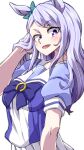  1girl animal_ears aono3 blue_bow bow bowtie commentary ear_bow hand_in_own_hair highres horse_ears horse_girl horseshoe_ornament long_hair looking_at_viewer mejiro_mcqueen_(umamusume) open_mouth pleated_skirt puffy_short_sleeves puffy_sleeves purple_bow purple_bowtie purple_hair purple_shirt sailor_collar school_uniform serafuku shirt short_sleeves simple_background skirt smile solo standing tracen_school_uniform umamusume violet_eyes white_background white_sailor_collar white_skirt 