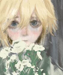  1boy basil_(faraway)_(omori) basil_(omori) blonde_hair blue_eyes closed_mouth double-parted_bangs green_sweater_vest hair_between_eyes lilac_aesthetic male_focus omori short_hair solo sweater_vest 