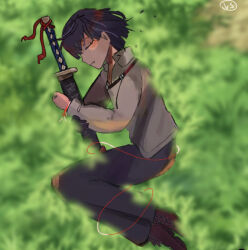 1girl aqua_hair aqua_streaks blue_hair blue_pants blunt_bangs blunt_ends blurry blurry_background blush blush_stickers brown_shoes canto9 chest_harness clenched_hand closed_eyes closed_mouth collared_shirt commentary_request eyelashes fang field from_side full_body gloves grass hand_on_own_arm harness high_heels highres katana knee_up limbus_company long_sleeves lying pants project_moon red_ribbon ribbon ryoshu_(project_moon) shirt shoes short_hair signature single_glove sleeping solo streaked_hair such sword two-tone_hair untucked_shirt weapon white_shirt wowie!~ wrist_ribbon