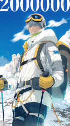  1boy blue_sky chinese_commentary climbing commentary_request gloves goggles grey_hair highres male_focus mawei_(character) milestone_celebration mountain original outdoors pants rushi_(mousang) sky smile snow solo winter_clothes 