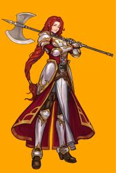  1girl armor axe battle_axe belt boots breastplate brown_boots closed_mouth commentary faulds fire_emblem fire_emblem:_path_of_radiance full_body greaves green_eyes highres lips long_hair looking_at_viewer orange_background over_shoulder pauldrons pelvic_curtain red_hair sethkiel shoulder_armor solo thigh_boots titania_(fire_emblem) vambraces very_long_hair weapon weapon_over_shoulder white_armor 