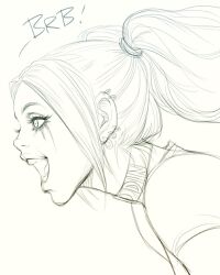  1girl batman_(series) collar dc_comics earrings from_side harley_quinn highres jewelry lineart monochrome multiple_earrings open_mouth portrait shirt sketch solo stanley_lau twintails 
