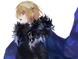 1boy 32cd10 armor black_armor black_fur blonde_hair blue_cape breastplate cape dimitri_alexandre_blaiddyd dimitri_alexandre_blaiddyd_(timeskip) eyepatch_strap_only fire_emblem fire_emblem:_three_houses floating_cape from_side hair_behind_ear highres male_focus medium_hair open_mouth parted_bangs profile simple_background solo teeth tongue upper_body upper_teeth_only white_background white_fur 