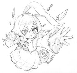  1girl :o absurdres amissio animal_ears bow carving_fork character_request collared_dress commentary dress english_commentary eyelashes fork graphite_(medium) greyscale hair_between_eyes highres holding holding_knife knife long_hair long_sleeves monochrome noz_(amissio) open_mouth outdoors parororo rabbit_ears rabbit_girl simple_background thick_eyebrows tokoyo_tower_of_perpetuity traditional_media twintails white_background 