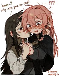  2girls absurdres black_cloak black_hair blush cloak closed_mouth collared_shirt commentary_request hand_on_another's_neck highres holding_hands interlocked_fingers multiple_girls noname_myeong open_mouth original pink_hair red_eyes shirt simple_background sweatdrop white_background white_shirt yuri 