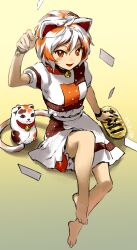  1girl animal_ears barefoot bell blush brown_streaks calico_(pattern) cat_ears cat_girl cat_tail coin commentary_request gold goutokuji_mike gradient_background highres jingle_bell kaigen_1025 koban_(gold) looking_at_viewer multicolored_hair multicolored_shirt multicolored_skirt multicolored_tail neck_bell open_mouth orange_streaks patchwork_clothes paw_pose shirt short_hair sitting skirt smile solo streaked_hair tail toes touhou white_hair white_shirt white_skirt 