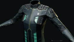  3d aqua_trim black_jacket blender_(medium) bodysuit clothes_focus commentary company_logo copyright_logo copyright_name dark_background dated english_commentary eve_online gallente_federation_(eve_online) grey_background highres honeycomb_(pattern) honeycomb_print jacket logo long_sleeves marmoset_toolbag_(medium) maya_(medium) no_humans official_art photorealistic realistic undoz upper_body zbrush_(medium) 