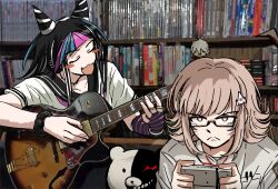  1boy 2girls :3 angry angry_video_game_nerd black_hair character_doll closed_eyes closed_mouth cone_hair_bun cosplay danganronpa_(series) danganronpa_2:_goodbye_despair doll english_commentary fangs guitar hair_bun highres hinata_hajime indoors instrument james_rolfe james_rolfe_(cosplay) kmnm_1403 komaeda_nagito long_hair mioda_ibuki monokuma multicolored_hair multiple_girls nanami_chiaki open_mouth out_of_frame playing_guitar playing_instrument smile streaked_hair video_game_case 