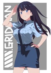  1girl absurdres black_hair blue_eyes blush breasts commentary_request gridman_universe gridman_universe_(movie) highres long_hair looking_at_viewer necktie open_mouth police police_uniform policewoman shirt skirt smile solo ssss.gridman takarada_rikka thighs umayer 