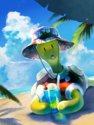  beach bucket_hat cherry drinking_straw food fruit hat highres looking_at_viewer no_humans open_mouth palm_tree pokemon pokemon_(creature) pokemon_focus sand shell shuckle tepetom_(77hhaarruu) tree water 