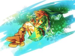  1boy 7vnv80u3y0gjhmr absurdres belt blonde_hair boots border brown_belt brown_boots closed_eyes closed_mouth full_body grass green_hat green_tunic hat highres link male_focus outdoors phrygian_cap pointy_ears short_hair shoulder_belt sleeping solo the_legend_of_zelda the_legend_of_zelda:_ocarina_of_time tunic white_border young_link 