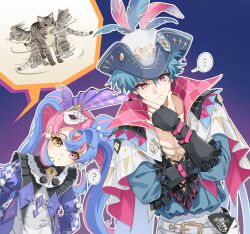  ... 1boy 1girl ? blue_hair blue_shirt brant_(wuthering_waves) cat closed_mouth commentary cross-shaped_pupils eye_mask hat hat_feather heterochromia jacket mask mask_on_head multicolored_hair pink_eyes pink_hair purple_jacket rayanawolfer roccia_(wuthering_waves) shirt short_hair spoken_ellipsis spoken_question_mark symbol-shaped_pupils thinking tricorne twintails two-tone_hair wuthering_waves yellow_eyes 