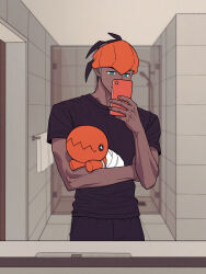  1boy bathroom black_hair black_pants black_shirt blue_eyes ceiling chatea closed_mouth dark-skinned_male dark_skin earrings hand_up headband highres holding holding_phone holding_pokemon indoors jewelry looking_down male_focus orange_headband pants phone pokemon pokemon_(creature) pokemon_sword_and_shield raihan_(pokemon) shirt short_sleeves t-shirt tile_wall tiles trapinch 