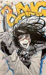  1girl black_cape black_hair cape chainsaw_man collared_shirt cross_scar dress_shirt english_text finger_gun highres long_hair long_sleeves neck_ribbon red_eyes ribbon ringed_eyes scar scar_on_cheek scar_on_face scar_on_nose sharpski shirt smile teeth tongue yoru_(chainsaw_man) 