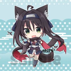  1girl :d absurdres animal_ear_fluff animal_ears aqua_background artist_name black_hair black_scarf blue_gloves blue_kimono blush_stickers chibi chibi_only commentary dog_ears dog_girl dog_tail eyes_visible_through_hair fingerless_gloves floating_hair forehead_protector full_body gloves green_eyes hair_between_eyes hair_intakes highres hitachi_mako holding holding_shuriken holding_weapon japanese_clothes kemonomimi_mode kimono long_scar looking_at_viewer ninja open_mouth outline red_scarf sample_watermark scarf senren_banka short_hair_with_long_locks shuriken simple_background smile solo standing standing_on_one_leg tail two-sided_fabric two-sided_scarf v-shaped_eyebrows watermark weapon white_outline xi_yue_kong_poi 