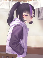  1girl absurdres alternate_costume alternate_hairstyle black_hair blush cchiii chair closed_mouth commentary_request cupboard goddess_of_victory:_nikke hands_in_pockets highres hood hooded_vest hoodie indoors long_hair long_sleeves looking_at_viewer looking_to_the_side messy_hair mole mole_under_eye multicolored_hair purple_streaks purple_vest solo standing streaked_hair syuen_(nikke) table tile_wall tiles upper_body vest violet_eyes wooden_chair wooden_table 