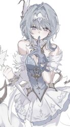  1girl arm_strap asymmetrical_gloves ballerina bare_shoulders blue_dress blue_gem blue_gloves blue_hair breasts bright_pupils cowboy_shot dagger detached_sleeves dress feather_hair_ornament feathers frills gem genshin_impact gloves hair_between_eyes hair_ornament hairband hands_up highres holding holding_dagger holding_knife holding_weapon index_finger_raised knife looking_at_viewer medium_breasts mismatched_gloves nayuta_(8888_mugen) odette_(genshin_impact) pantyhose short_dress short_hair short_sleeves sidelocks solo standing strapless strapless_dress teeth two-tone_dress violet_eyes weapon white_dress white_feathers white_gloves white_hairband white_pantyhose white_pupils white_sleeves 