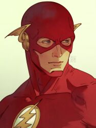  1boy blue_eyes bodysuit closed_mouth commentary covered_collarbone dc_comics english_commentary fake_head_wings highres keanurye looking_to_the_side male_focus mask portrait red_bodysuit red_mask sideways_glance solo superhero_costume the_flash the_flash_(series) 