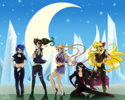  5girls aino_minako arm_tattoo artist_name black_hair blonde_hair boots crescent_moon high_heel_boots high_heels hino_rei kino_makoto long_hair mizuno_ami moon multiple_girls pants pookiepenworks signature tattoo torn_clothes torn_pants tsukino_usagi very_long_hair vest 