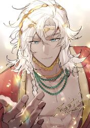  1boy abs aqua_eyes bead_necklace beads braid brown_background chinese_commentary circlet closed_mouth commentary curtained_hair dark-skinned_male dark_skin gold_choker gold_necklace hair_between_eyes head_chain highres jewelry lars_rorschach light_blush light_particles long_sleeves looking_at_viewer lovebrush_chronicles male_focus medium_hair multiple_necklaces necklace nil_lars offering_hand open_clothes open_robe red_robe robe side_braid solo straight-on toned toned_male upper_body v-shaped_eyebrows white_hair xi_yuu 