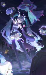  1girl absurdres aqua_hair bare_shoulders black_skirt black_thighhighs blue_fire breasts candle closed_mouth colored_sclera commentary_request detached_arm detached_legs detached_sleeves drifloon fangs fire floating gastly ghost ghost_girl ghost_miku_(project_voltage) ghost_type_theme_(pokemon) glitch gradient_hair graveyard grey_shirt hair_between_eyes hat hatsune_miku highres litwick long_hair mimikyu misdreavus multicolored_hair necktie open_mouth outdoors pale_skin pokemon pokemon_(creature) potate project_voltage red_eyes shirt skirt sleeves_past_fingers sleeves_past_wrists small_breasts smile thigh-highs tombstone twintails ufo_skirt very_long_hair vocaloid witch_hat yellow_eyes yellow_sclera 