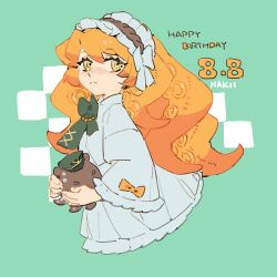  1girl ahab_(project_moon) bonnet bow bowtie brown_hairband character_doll commentary dated doll dress expressionless frilled_dress frilled_sleeves frills green_background green_bow green_bowtie hairband happy_birthday ishmael_(project_moon) limbus_company long_hair looking_at_viewer nakiiilcb orange_hair project_moon simple_background solo stuffed_animal stuffed_octopus stuffed_toy untranslatable_commentary very_long_hair white_bonnet white_dress 
