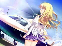  1girl ahoge aircraft arms_at_sides back_ribbon blonde_hair blue_eyes buttons closed_mouth clouds cross-laced_clothes day dutch_angle floating_hair from_behind game_asset helicopter highres jacket juliet_sleeves leaf long_hair long_sleeves miniskirt nanairo_kouro non-web_source outdoors pleated_skirt profile puffy_sleeves purple_sailor_collar purple_skirt rachel_windsor rakko_(makarakko) ribbon sailor_collar self-datamine skirt sky solo standing white_jacket white_ribbon 