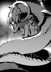  1boy 1other absurdres ahoge animal armor blank_stare closed_mouth collared_shirt digimon digimon_(creature) digimon_beatbreak fangs giant_snake greyscale hasegawa_(hase_popopo) heliosboamon highres jewelry looking_at_viewer male_focus monochrome oversized_animal ring scales shirt snake tenma_asuka third_eye white_snake 