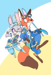  1boy 1girl :3 animal_ears animal_feet animal_nose artist_name barefoot baseball_cap belt belt_buckle belt_pouch blue-framed_eyewear blue-tinted_eyewear blue_dress blue_hat blue_leggings blue_necktie blue_pants blue_shirt blush body_fur breast_pocket breasts brown_fur buck_teeth buckle butterfly_net carrot closed_mouth collared_shirt commentary_request disneyland dress eye_contact eyewear_on_head fox_boy fox_ears fox_tail frilled_dress frills full_body furry furry_female furry_male green_eyes grey_fur hand_net hand_up happy hat head_tilt headphones headset highres holding_hands holding_net jpeg_artifacts judy_hopps knee_pads leg_up leggings long_sleeves looking_at_another looking_to_the_side meme_(penpengusa_no_meme) multicolored_fur necktie nick_wilde one_eye_closed open_mouth orange_fur pants pocket pouch print_dress print_shirt rabbit_ears rabbit_girl salute see-through_clothes see-through_sleeves shirt short_dress short_sleeves sideways_glance signature simple_background small_breasts smile snout standing standing_on_one_leg sunglasses tail teeth thigh_belt thigh_strap tinted_eyewear toeless_legwear two-tone_fur usatama_on_the_run! violet_eyes watch watch white_fur wide-eyed zootopia 