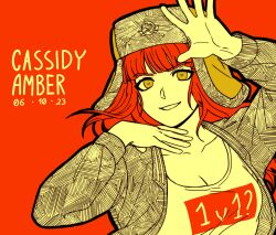  1girl 2023 absurdres birthday black_jacket blunt_bangs cassidy_amber clothes_writing english_commentary flat_color green_eyes hands_up hat highres jacket project:_eden's_garden red_hair seraph_(sera_phiel) shirt short_hair smile solo upper_body ushanka wavy_hair white_shirt 