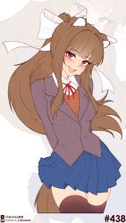  1girl absurdres arms_behind_back blazer blue_skirt blush bow brown_hair brown_thighhighs commentary cosplay doki_doki_literature_club english_commentary hair_bow highres holo jacket likunea long_hair looking_at_viewer monika_(doki_doki_literature_club) monika_(doki_doki_literature_club)_(cosplay) open_mouth patreon_logo patreon_username pleated_skirt ponytail red_eyes red_ribbon ribbon school_uniform skirt spice_and_wolf thigh-highs thighs white_bow zettai_ryouiki zoom_layer 