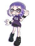  1girl artist_name black_footwear black_shorts clenched_hand commentary_request grey_eyes highres inkling inkling_girl medium_hair mina_p open_mouth pointy_ears purple_hair purple_shirt shirt shoes shorts simple_background smile solo splatoon_(series) splatoon_3 teeth upper_teeth_only white_background wristband 