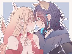  2girls absurdres animal_ears black_choker blonde_hair blue_background blue_hair blue_hoodie blue_nails border brown_eyes cho_kaguya-hime! choker closed_mouth clothing_cutout colored_inner_hair commentary eye_contact forehead_jewel fox_ears fox_girl highres hood hood_down hoodie kabedon kaguya_(cho_kaguya-hime!) kaguya_(tsukuyomi)_(cho_kaguya-hime!) kousaka_0v0 long_hair looking_at_another multicolored_hair multiple_girls nail_polish orange_nails outline outside_border parted_lips rabbit_ears rabbit_girl sakayori_iroha sakayori_iroha_(tsukuyomi) shoulder_cutout sidelocks simple_background sweatdrop untranslatable_commentary white_border white_outline yuri 