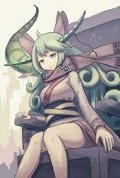 1girl absurdres ahoge bell bow breasts bright_pupils chair character_request closed_mouth commentary_request crack cross-shaped_pupils curly_hair eache eyelashes feet_out_of_frame green_eyes green_hair hair_bow highres horns japanese_clothes jingle_bell kimono long_hair long_sleeves pointy_ears scarf sitting solo symbol-shaped_pupils tail tokoyo_tower_of_perpetuity white_pupils 