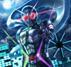  1boy antennae armored_bodysuit black_bodysuit bodysuit building commentary_request doubledriver dutch_angle eye_trail finger_gun full_moon gaia_memory glowing glowing_eyes green_bodysuit helmet kamen_rider kamen_rider_double kamen_rider_double_(cyclonejoker) kamen_rider_w light_trail moon multicolored_bodysuit night outdoors rider_belt scarf shingo_(picturepuzzle) solo tokusatsu white_scarf 