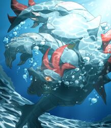  air_bubble bubble claws eye_trail feraligatr glowing glowing_eyes highres light_trail no_humans open_mouth orange_eyes pokemon pokemon_(creature) pokemon_focus sharp_teeth shibaban7 solo swimming teeth twitter_username underwater watermark wide-eyed 