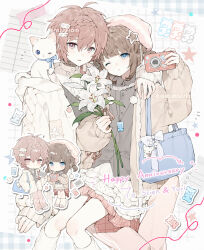  1boy 1girl absurdres animal_on_shoulder bag blue_bag blue_eyes blue_pupils blunt_bangs braid brown_cardigan brown_hair buttons cable_knit camera cardigan cat cat_on_shoulder center_frills character_name chibi closed_mouth collared_shirt commissioner_insert english_text frills grey_shirt grey_sweater hair_between_eyes hair_ornament happy_anniversary hat highres holding holding_camera jewelry lined_paper long_sleeves multiple_views neck_tattoo necklace oc_x_canon one_eye_closed open_cardigan open_clothes original pants pink_hat pink_pants pink_shoes red_eyes scien_brofiise shanyu_ming shirt shoes short_hair short_twintails shoulder_bag shuuen_no_virche socks star_(symbol) star_hair_ornament sweater tattoo track_pants twintails white_cardigan white_shirt white_shoes white_socks 