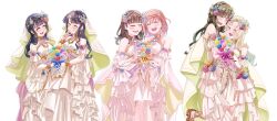  6+girls 6th_live_dream_~bloom_garden_party~ :d ^_^ animification aqua_flower black_hair blonde_hair blue_flower blue_hair blunt_bangs bouquet brown_hair closed_eyes commentary_request crossed_bangs detached_sleeves dress flower flower_stand_art frontrivers_kae gradient_hair green_flower grey_flower hair_flower hair_ornament hasu_no_sanrenka highres hinoshita_kaho holding holding_bouquet holding_together kan_kanna love_live! love_live!_hasu_no_sora_jogakuin_school_idol_club multicolored_hair multiple_girls murano_sayaka nirei_nozomi nonaka_kokona open_mouth orange_flower orange_hair osawa_rurino perennial_(love_live!) pink_flower purple_flower purple_hair real_life red_flower short_sleeves simple_background sleeveless sleeveless_dress smile two_side_up virtual_youtuber voice_actor voice_actor_connection white_background white_dress wispy_bangs yellow_flower 