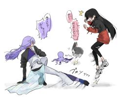  1boy 1girl black_gloves black_hair black_hoodie black_leggings black_shirt black_shoes blue_socks blue_streaks commentary from_behind from_side gloves hand_on_floor highres hood hood_down hoodie hoshirube_sho hoshirube_sho_(1st_costume) jumping kicking leggings long_hair long_sleeves multicolored_hair nijisanji octopus pants purple_hair rabbit red_hoodie shirt shoes simple_background socks streaked_hair translated tsukino_mito tsukino_mito_(sporty) umeyama_(umenan777) virtual_youtuber white_background white_pants white_shirt white_shoes 