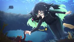  1girl ahoge bajiru_(vtuber) black_hair bodysuit commission diving_suit full_body goggles green_eyes green_hair highres indie_virtual_youtuber long_hair multicolored_hair octopus scuba scuba_gear scuba_tank two-tone_hair underwater virtual_youtuber wetsuit zeranium_(zeranium17) 