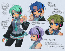  arm_up blue_eyes blue_hair blue_nails closed_eyes commentary_request cosplay detached_sleeves four_murasame green_hair gundam hand_on_own_face hatsune_miku hatsune_miku_(cosplay) headset highres looking_at_viewer miniskirt necktie open_mouth pari_pari_kyabetu220 purple_hair skirt smile thigh-highs vocaloid white_background zeta_gundam 