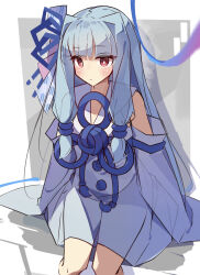  1girl bare_shoulders blue_dress blue_hair blue_ribbon blue_sleeves blunt_bangs blush border bright_pupils closed_mouth commentary cropped_legs detached_sleeves dress grey_background hair_ribbon highres kotonoha_aoi long_hair long_sleeves outside_border red_eyes ribbon sidelocks sitting sleeveless sleeveless_dress sleeves_past_fingers sleeves_past_wrists solo tetenka voiceroid white_border white_pupils 