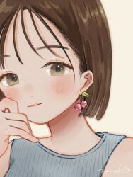 1girl blush brown_eyes brown_hair cherry_earrings closed_mouth commentary earrings food-themed_earrings grey_tank_top hand_on_own_cheek hand_on_own_face highres jewelry looking_at_viewer nena_labo original portrait short_hair signature simple_background solo tank_top untranslatable_commentary white_background wispy_bangs 