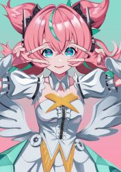  1girl aria_(human)_(zenless_zone_zero) aria_(zenless_zone_zero) blue_eyes commentary_request double_v dress fingerless_gloves gloves gradient_background green_background highres kurenairan77 looking_at_viewer multicolored_hair open_mouth pink_background pink_gloves pink_hair smile solo streaked_hair upper_body v v_over_eye white_dress white_wings wings zenless_zone_zero 